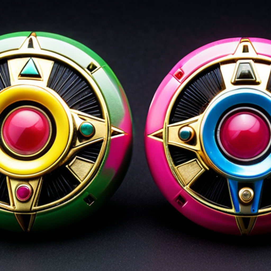 **

A close-up shot showcasing a *Mighty Morphin Power Rangers Legacy Morpher*. Focus on the metallic details, vibrant colors (especially the green, pink, blue, yellow, and black), and the overall classic design. Emphasize the sense of nostalgia and power.  Ideal for capturing the essence of the original series for fans. Consider adding dust motes or slight wear to subtly hint at age and treasured ownership.

**