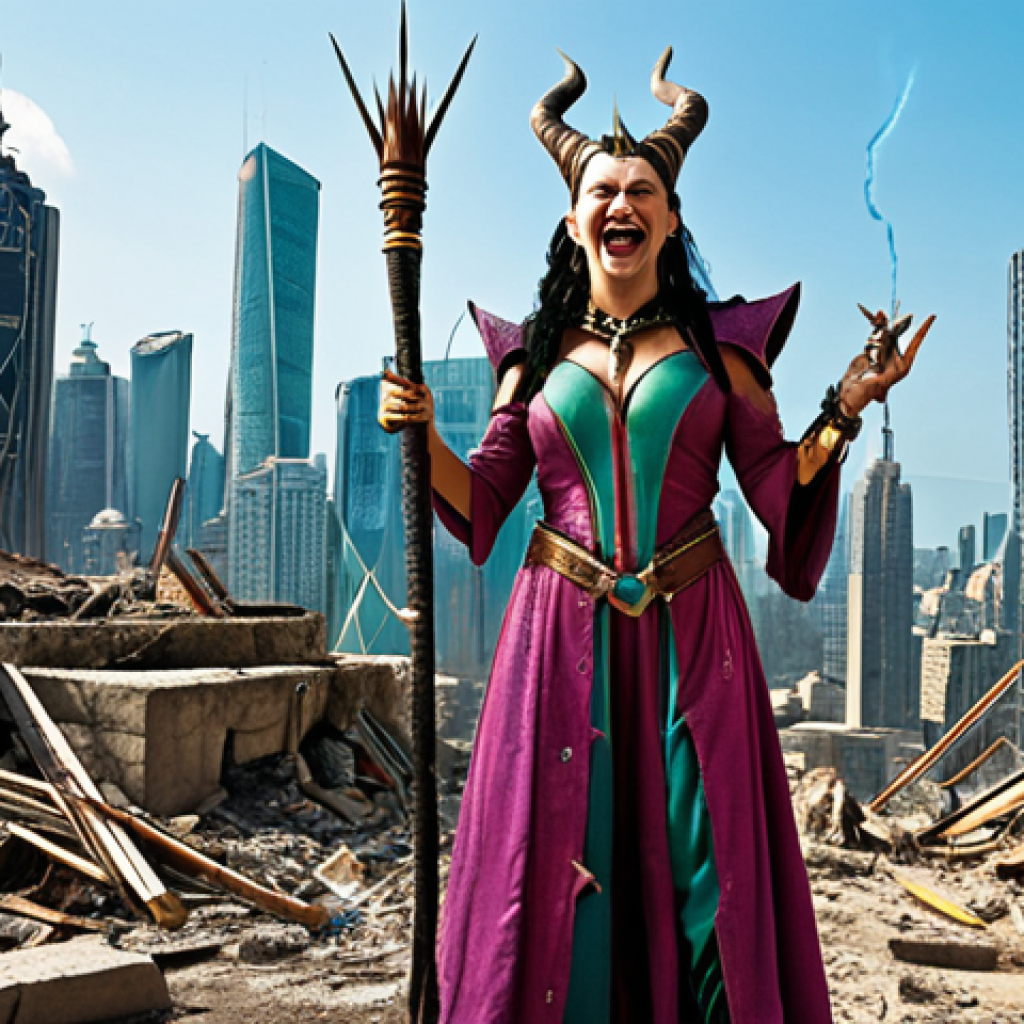 **

"Rita Repulsa laughing maniacally, standing on a conquered Earth with skyscrapers in ruins, holding her magic wand. Evil, powerful sorceress, vibrant colors, fantasy setting."

**