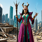 **

"Rita Repulsa laughing maniacally, standing on a conquered Earth with skyscrapers in ruins, holding her magic wand. Evil, powerful sorceress, vibrant colors, fantasy setting."

**