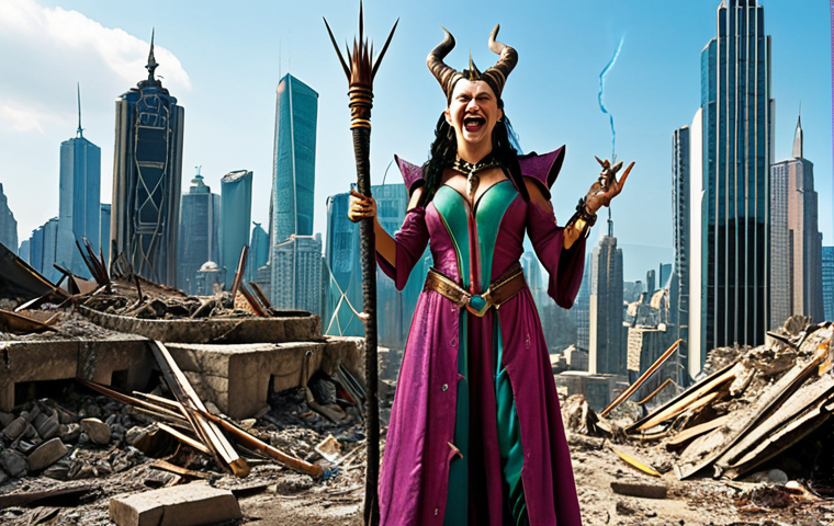 **
"Rita Repulsa laughing maniacally, standing on a conquered Earth with skyscrapers in ruins, holding her magic wand. Evil, powerful sorceress, vibrant colors, fantasy setting."
**