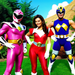 **

"Mighty Morphin Power Rangers team posing dynamically in front of their Zords, vibrant colors, nostalgic feel, Rita Repulsa looming in the background, cartoonish style."

**