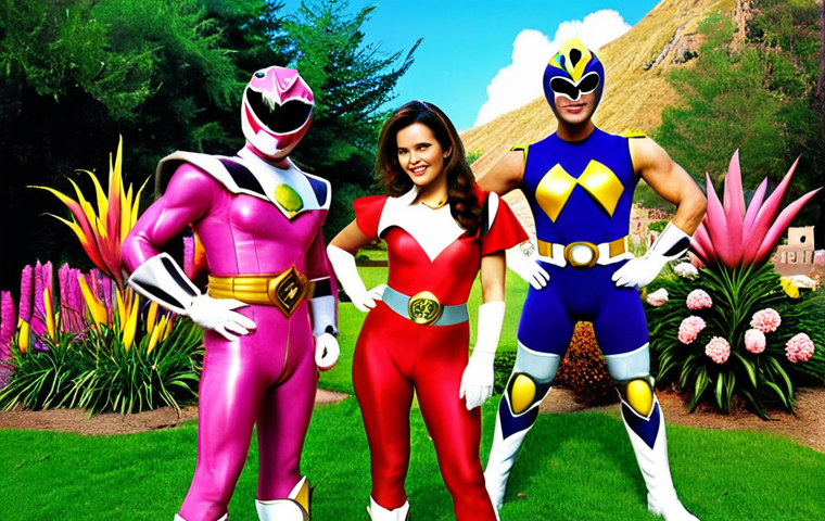 **
"Mighty Morphin Power Rangers team posing dynamically in front of their Zords, vibrant colors, nostalgic feel, Rita Repulsa looming in the background, cartoonish style."
**