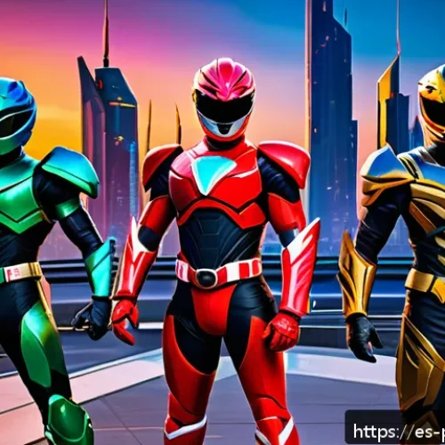 Home 33 파워레인저 모바일 게임 랭킹 - A dynamic mobile game battle scene featuring a diverse team of Power Rangers in colorful, detailed a...