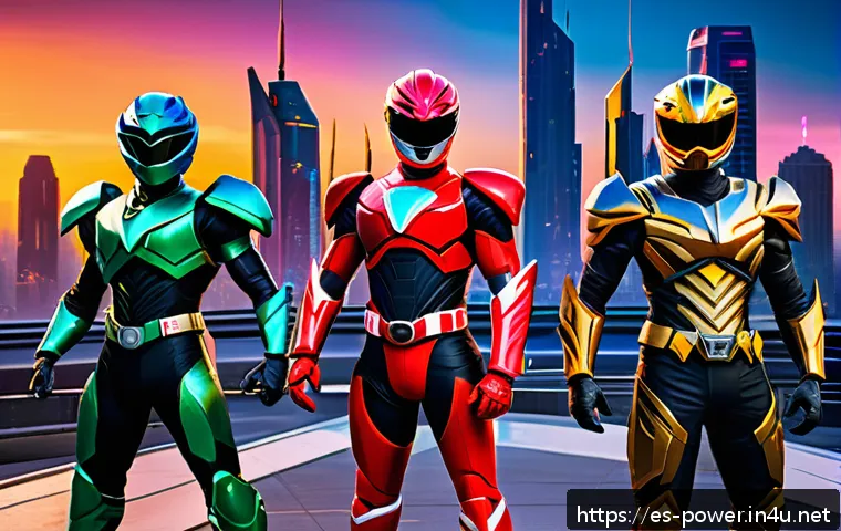 파워레인저 모바일 게임 랭킹 - A dynamic mobile game battle scene featuring a diverse team of Power Rangers in colorful, detailed a...