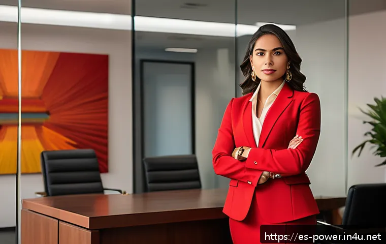 파워레인저 색상의 심리학 - A confident young Hispanic professional woman in a modern office setting, wearing a stylish red busi...