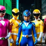 Home 19 파워레인저 스토리의 철학적 주제 - A vibrant scene featuring a diverse team of young superheroes inspired by Power Rangers, standing un...