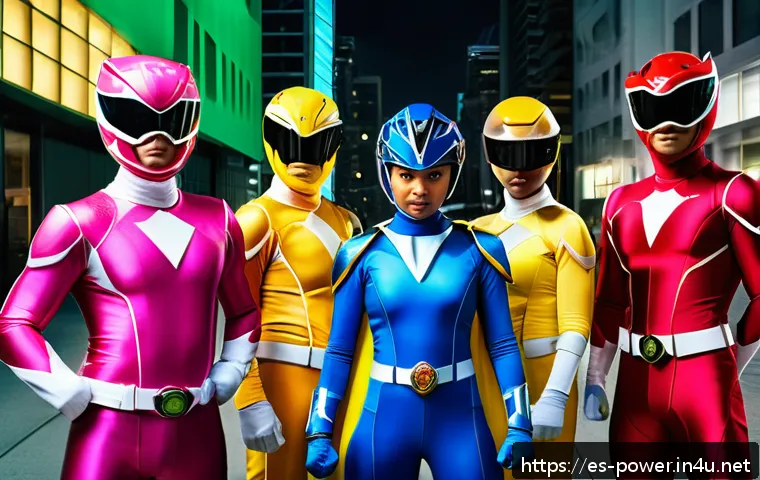 파워레인저 스토리의 철학적 주제 - A vibrant scene featuring a diverse team of young superheroes inspired by Power Rangers, standing un...
