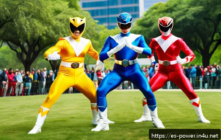 파워레인저 시대별 유행 - A dynamic scene featuring a group of Power Rangers in their 1990s style costumes, showcasing vibrant...