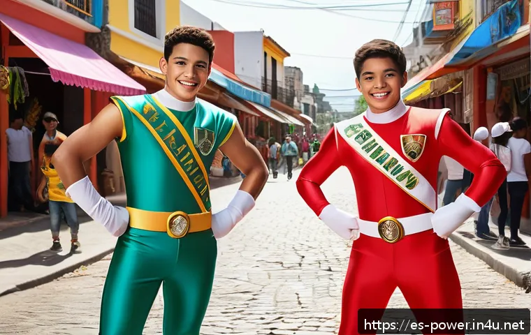 파워레인저 문화적 영향 - A vibrant street scene in a Latin American neighborhood featuring diverse children and teenagers dre...