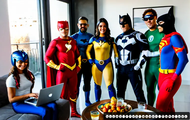 파워레인저 온라인 커뮤니티 - Photorealistic wide shot of a diverse group of adult superhero fandom friends in a bright Madrid apa...
