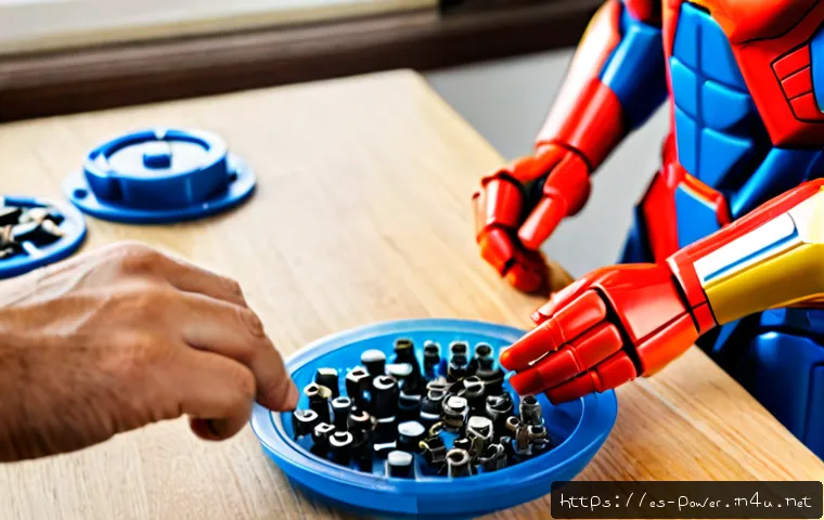 Home 17 파워레인저 장난감 조립법 - Photorealistic close-up of a pair of adult hands assembling a generic colorful superhero robot actio...
