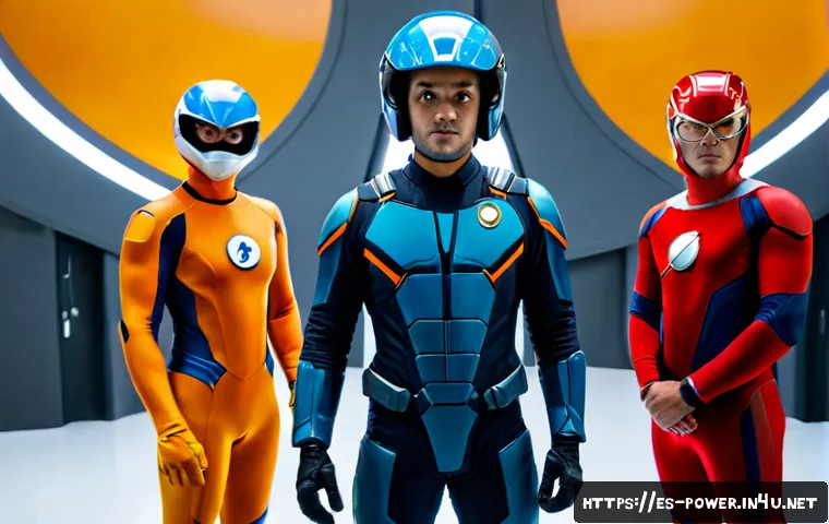 Home 17 파워레인저 팀 명칭의 비밀 - Photorealistic cinematic scene of five diverse young adult superhero teammates in distinctly colored...